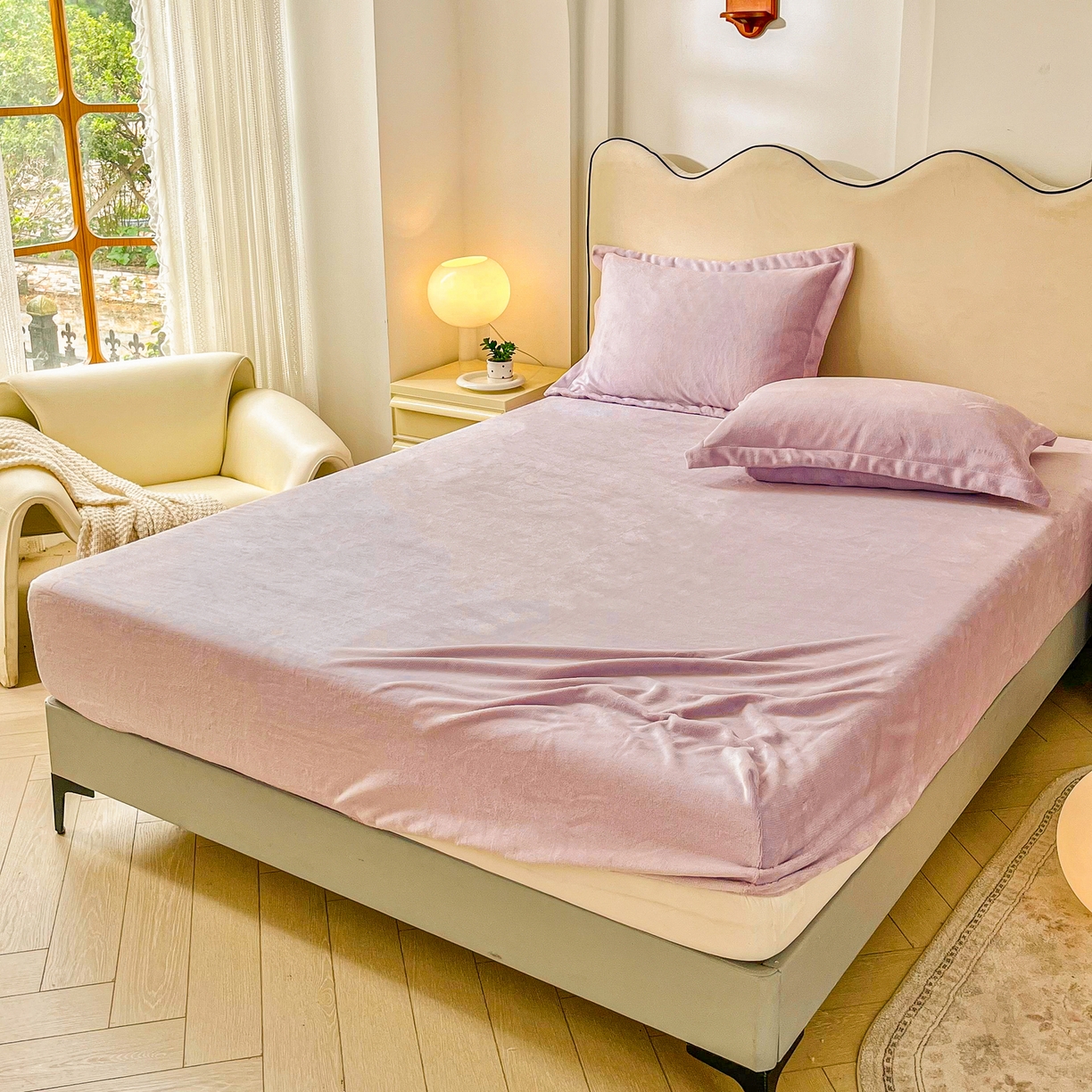 91家纺网 家纺一手货源 找家纺 恬澳家纺 2025新款200g高克重牛奶绒床笠单品床笠单件单床笠 暖阳-芋泥紫