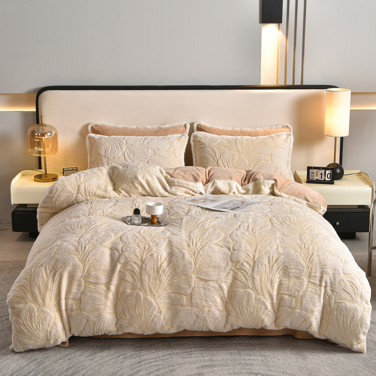 吾秀家居 2025新款高克重深雕兔毛绒四件套-初雪系列 杏叶黄