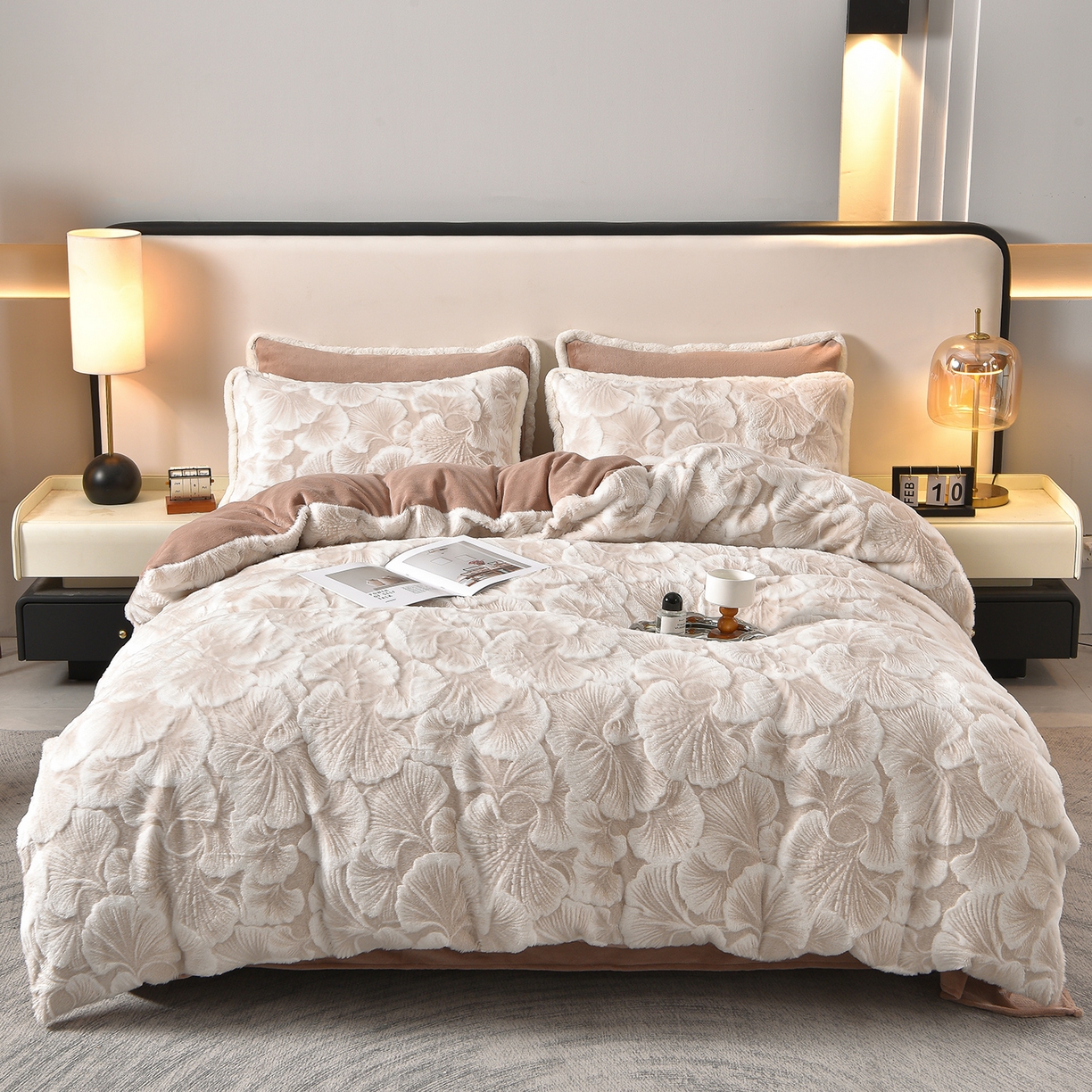 吾秀家居 2025新款高克重深雕兔毛绒四件套-初雪系列 杏叶棕