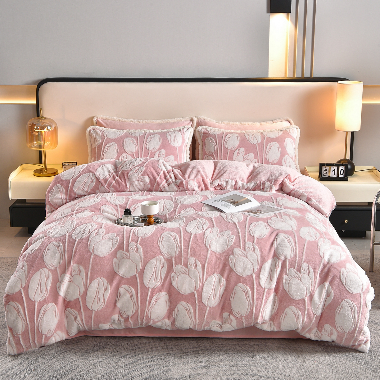 吾秀家居 2025新款高克重深雕兔毛绒四件套-初雪系列 郁金香