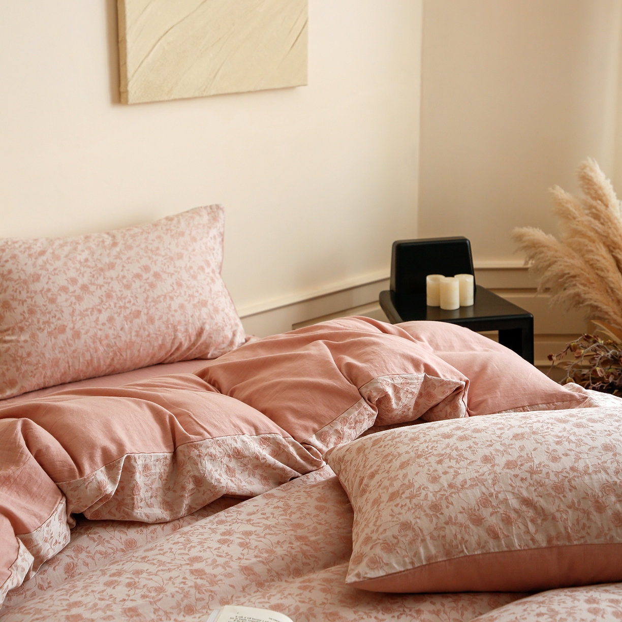 91家纺网 家纺一手货源 找家纺 沐白家居 2025新款色织全棉提花四件套 苏黎玫瑰-粉