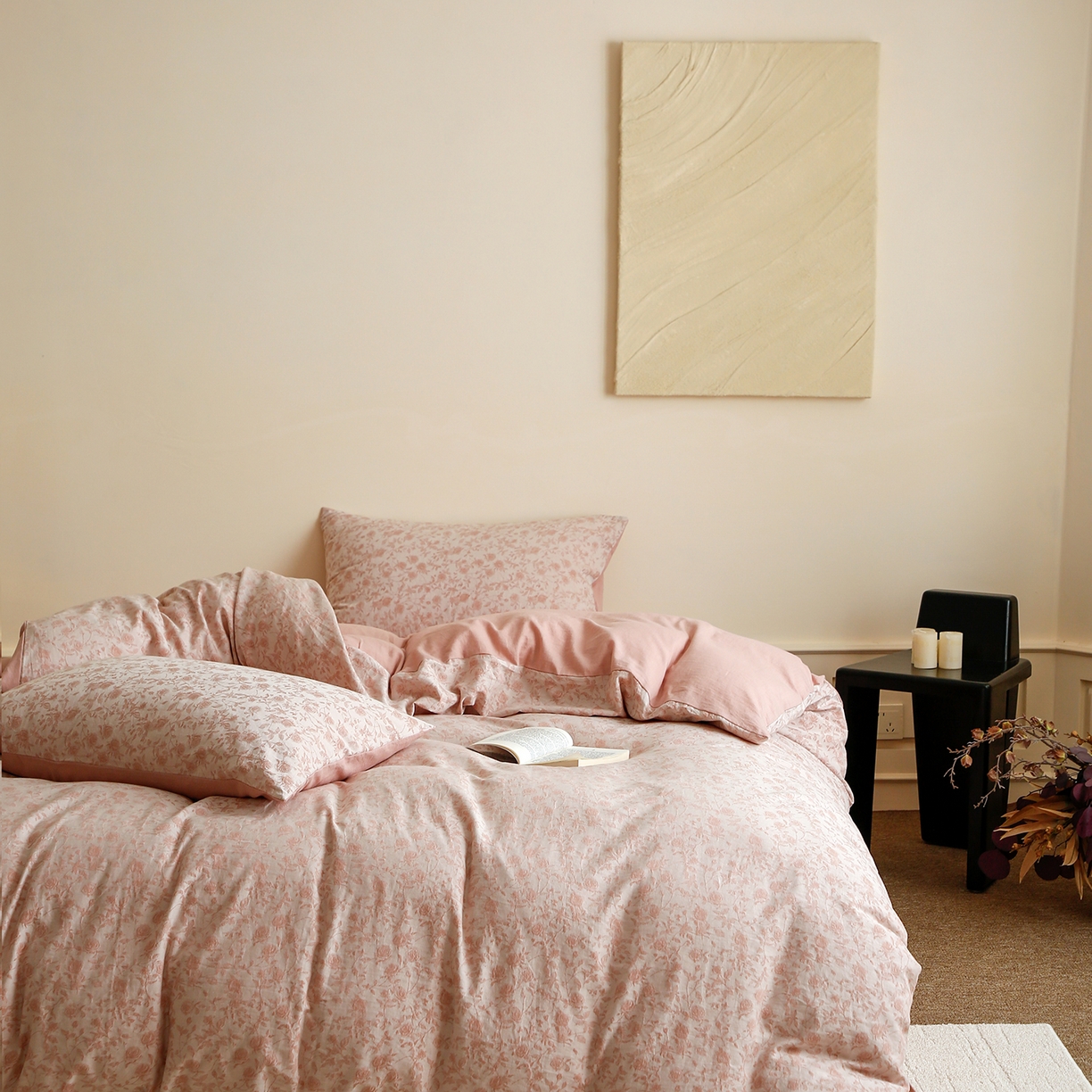 91家纺网 家纺一手货源 找家纺 沐白家居 2025新款色织全棉提花四件套 苏黎玫瑰-粉