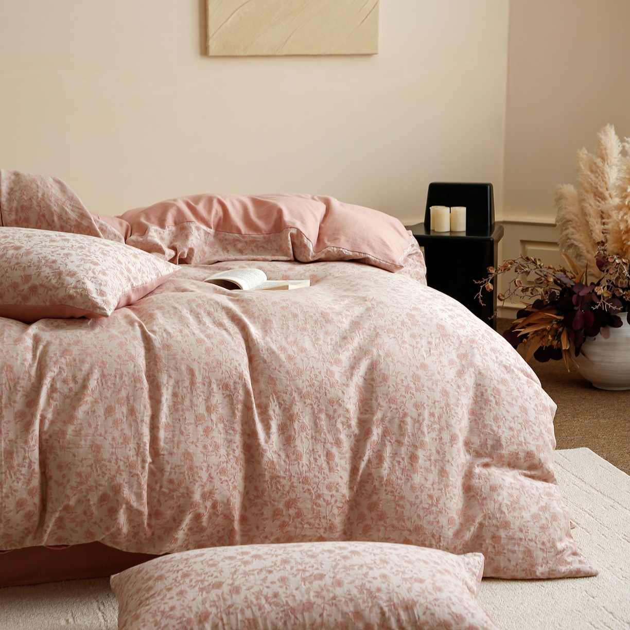 91家纺网 家纺一手货源 找家纺 沐白家居 2025新款色织全棉提花四件套 苏黎玫瑰-粉