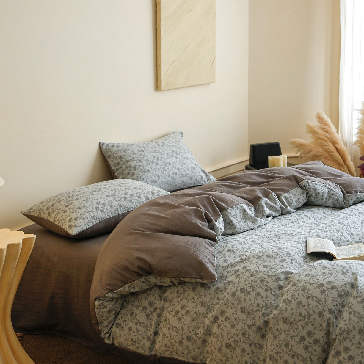 91家纺网 家纺一手货源 找家纺 沐白家居 2025新款色织全棉提花四件套 苏黎玫瑰-浅银灰