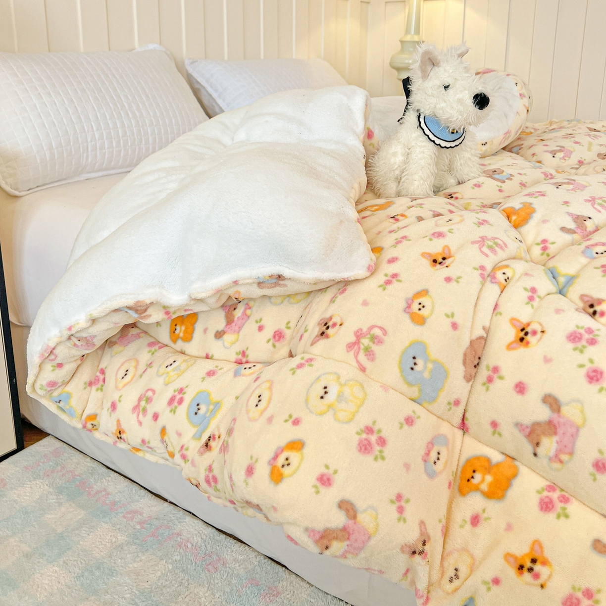 91家纺网 家纺一手货源 找家纺 铺尚美家纺 2025新款牛奶绒羊羔绒印花清新款冬被子被芯 卖萌修狗