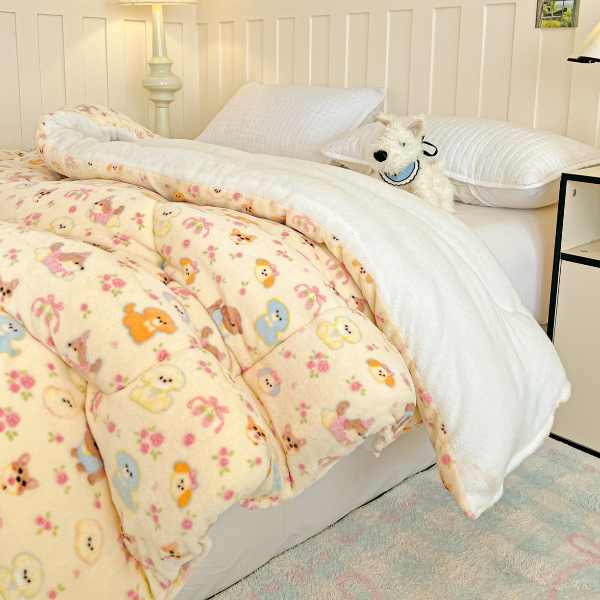 91家纺网 家纺一手货源 找家纺 铺尚美家纺 2025新款牛奶绒羊羔绒印花清新款冬被子被芯 卖萌修狗