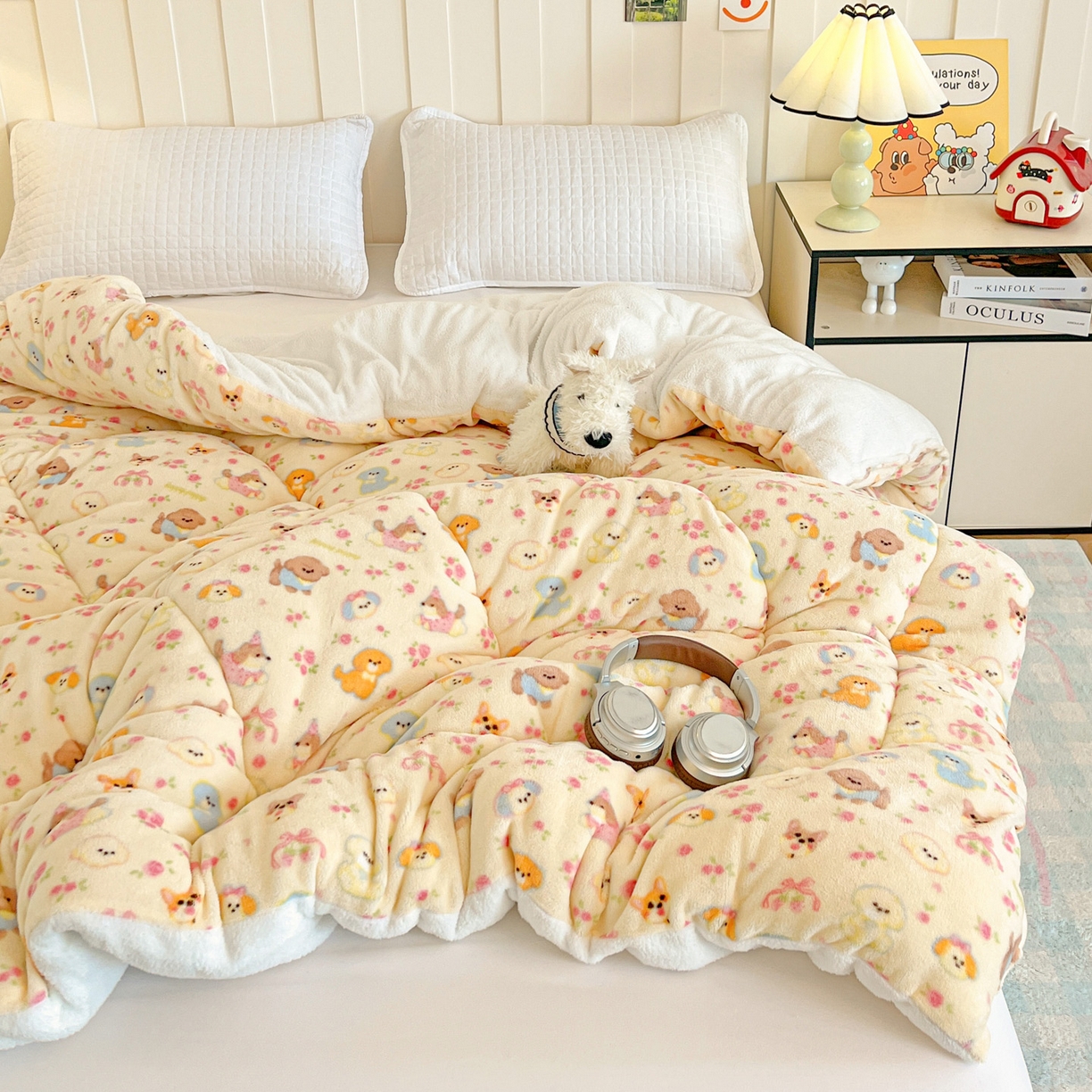 91家纺网 家纺一手货源 找家纺 铺尚美家纺 2025新款牛奶绒羊羔绒印花清新款冬被子被芯 卖萌修狗