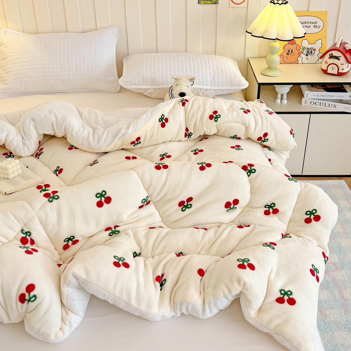 91家纺网 家纺一手货源 找家纺 铺尚美家纺 2025新款牛奶绒羊羔绒印花清新款冬被子被芯 一口樱桃