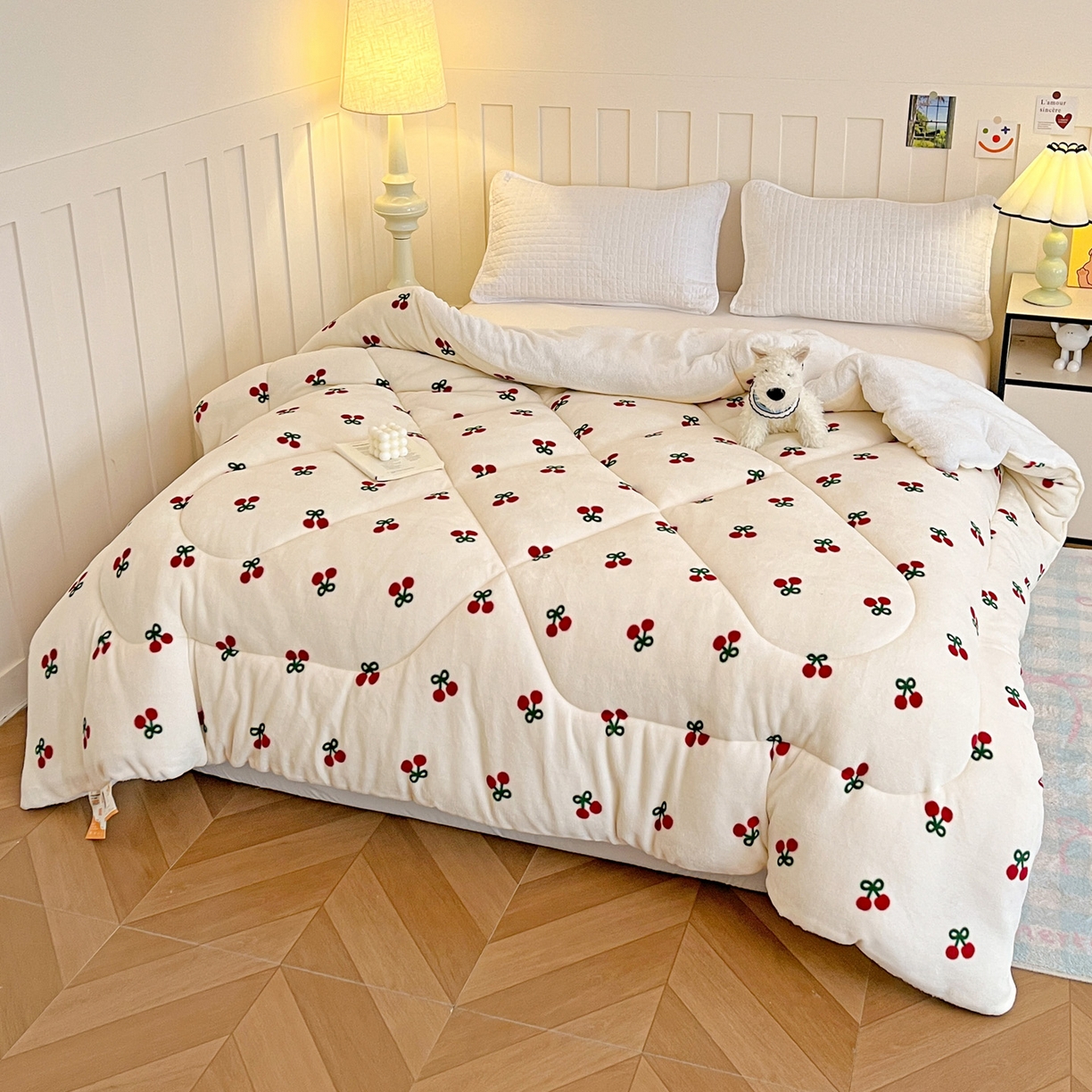 91家纺网 家纺一手货源 找家纺 铺尚美家纺 2025新款牛奶绒羊羔绒印花清新款冬被子被芯 一口樱桃