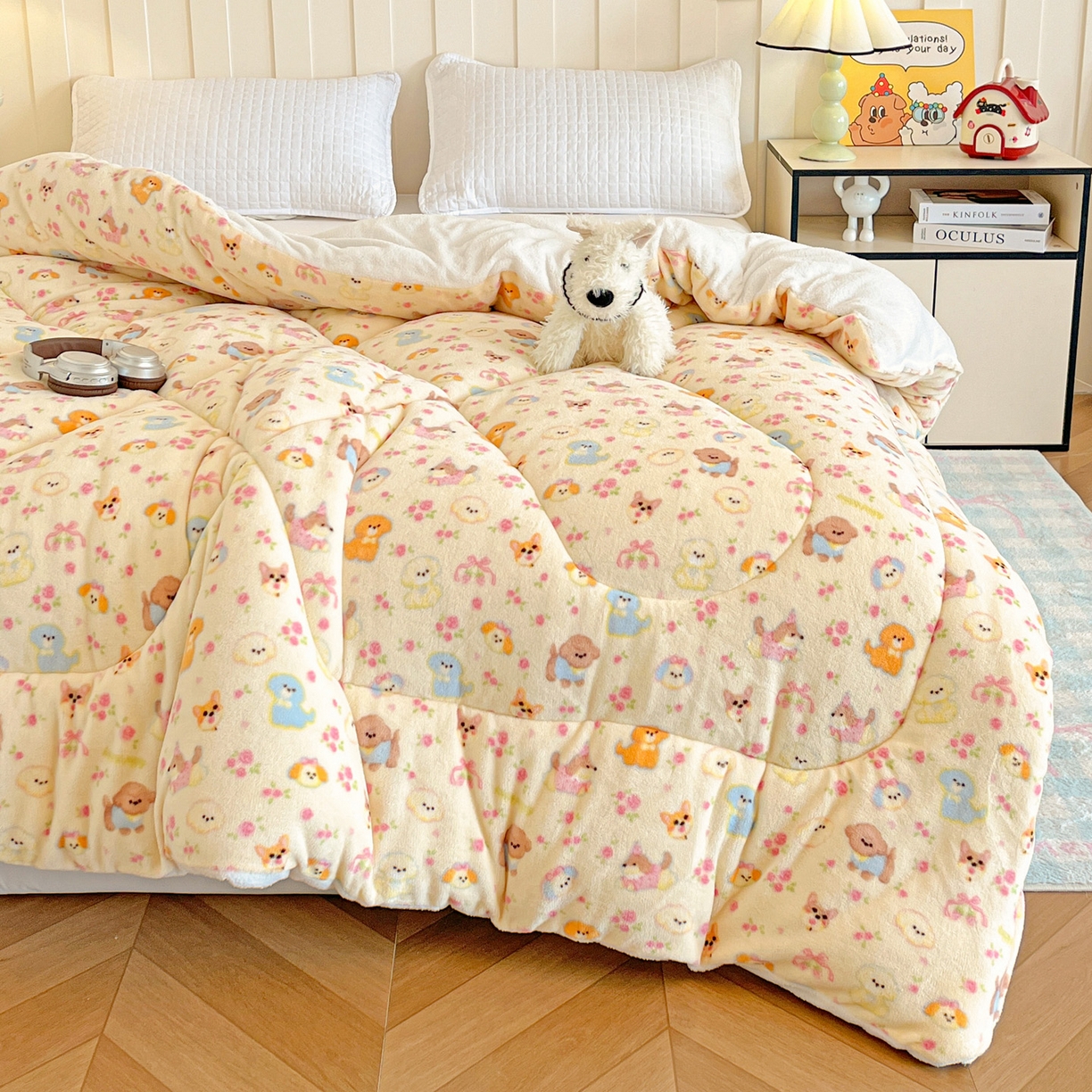 91家纺网 家纺一手货源 找家纺 铺尚美家纺 2025新款牛奶绒羊羔绒印花清新款冬被子被芯 卖萌修狗