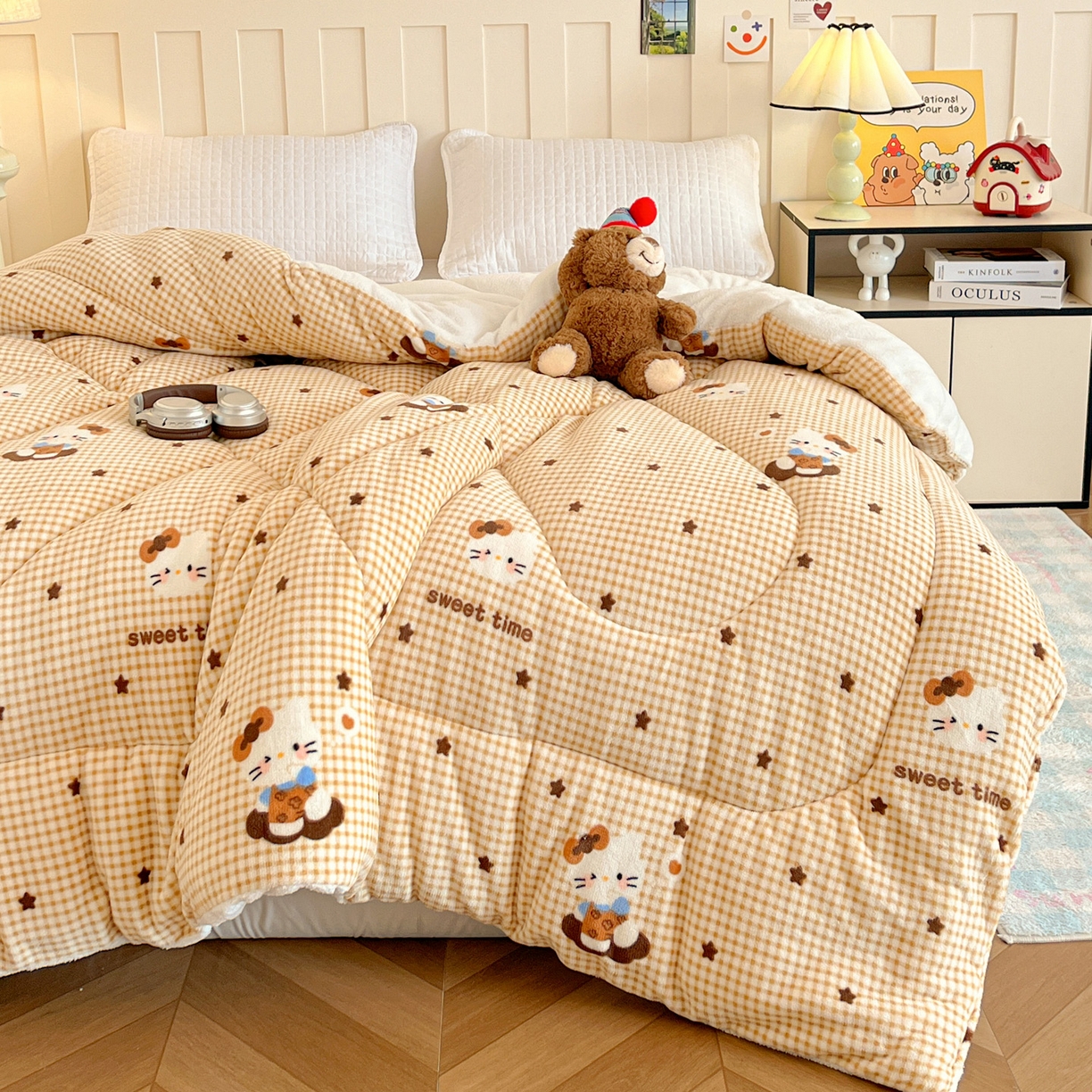 91家纺网 家纺一手货源 找家纺 铺尚美家纺 2025新款牛奶绒羊羔绒印花清新款冬被子被芯 可可猫星