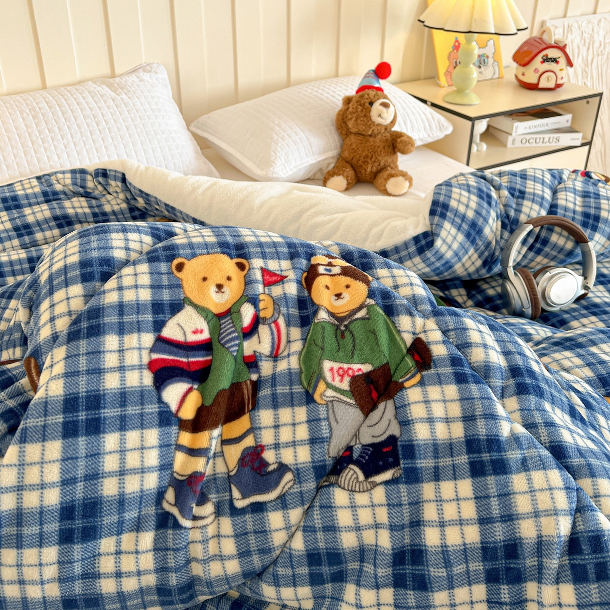 91家纺网 家纺一手货源 找家纺 铺尚美家纺 2025新款牛奶绒羊羔绒印花清新款冬被子被芯 蓝格英伦熊