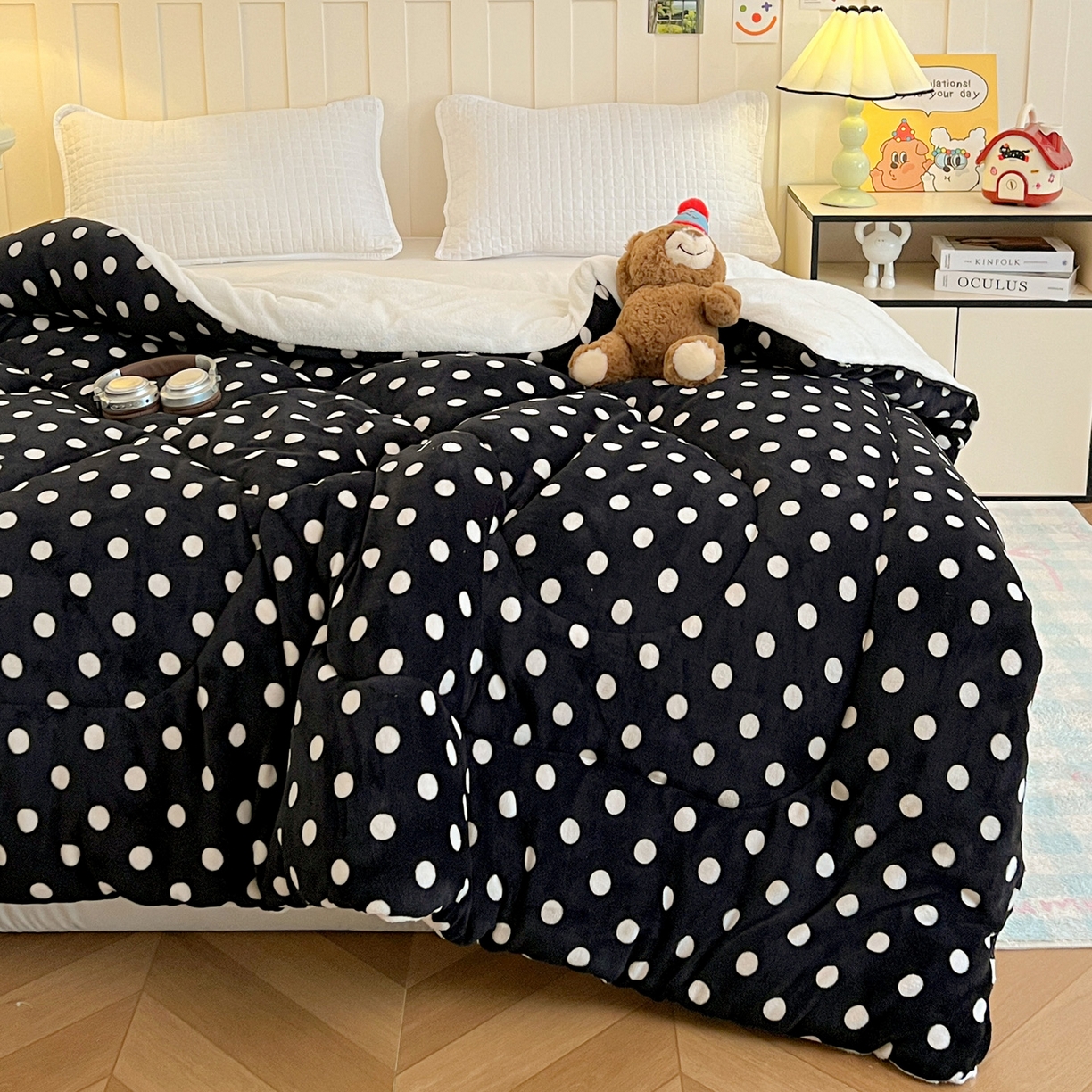 91家纺网 家纺一手货源 找家纺 铺尚美家纺 2025新款牛奶绒羊羔绒印花清新款冬被子被芯 黑珍珠