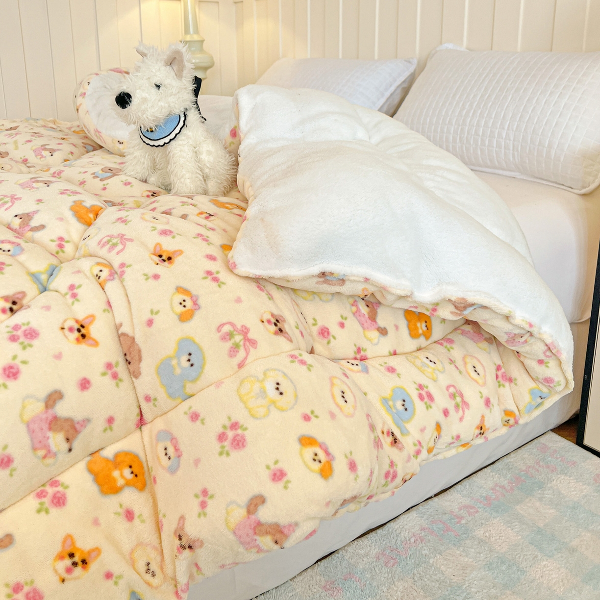 91家纺网 家纺一手货源 找家纺 铺尚美家纺 2025新款牛奶绒羊羔绒印花清新款冬被子被芯 卖萌修狗