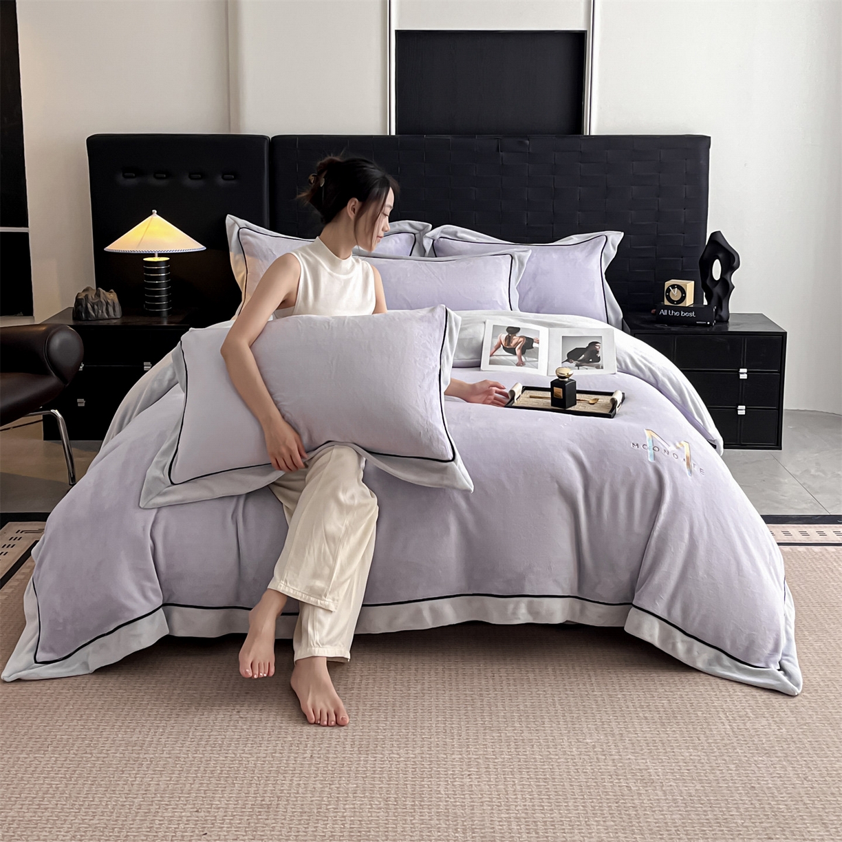 91家纺网 家纺一手货源 找家纺 遇见家居生活馆 2025新款A类牛奶绒玛利亚绒宽边四件套（控价：标准188，加大198，床笠款193） 丁香紫+星辰灰