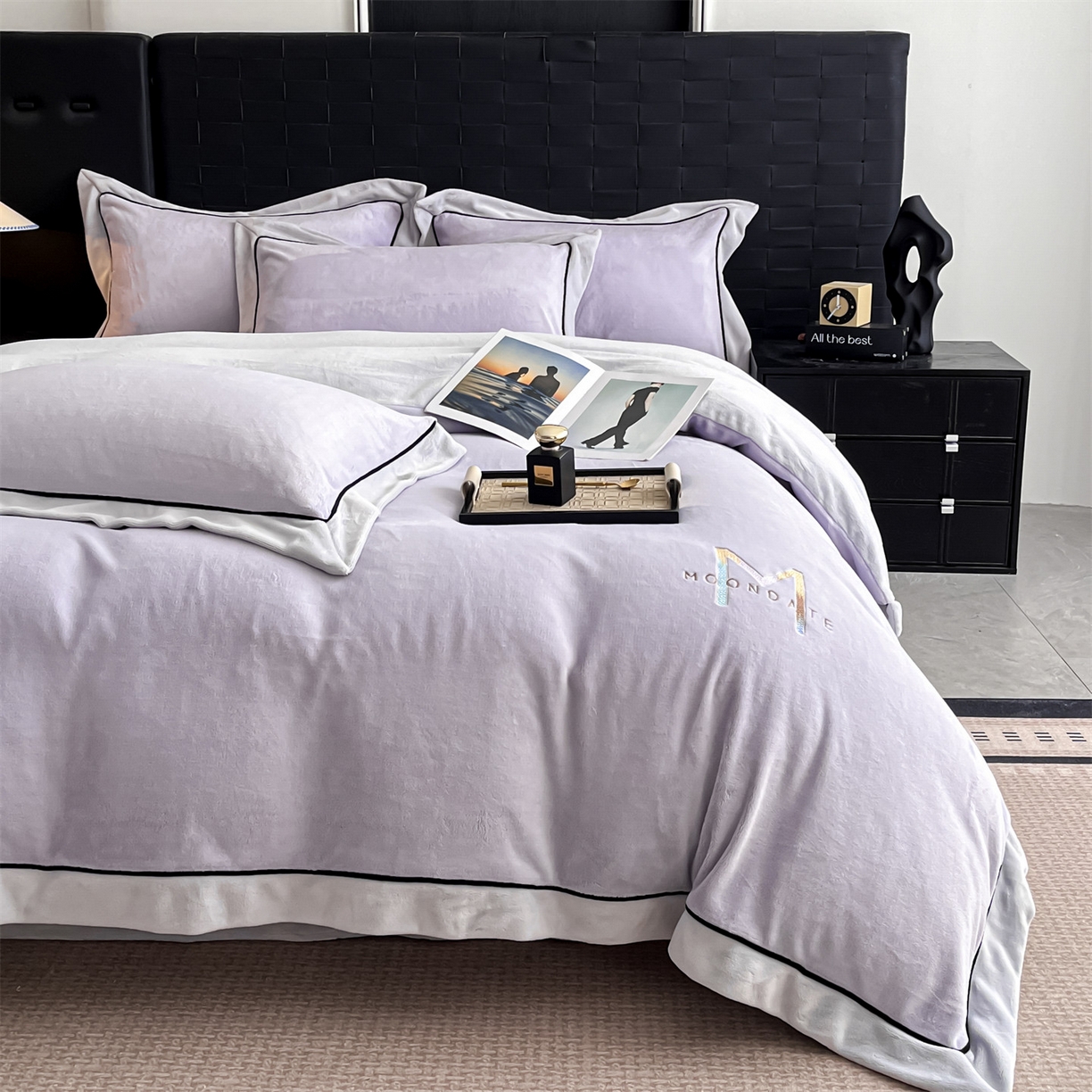 91家纺网 家纺一手货源 找家纺 遇见家居生活馆 2025新款A类牛奶绒玛利亚绒宽边四件套（控价：标准188，加大198，床笠款193） 丁香紫+星辰灰