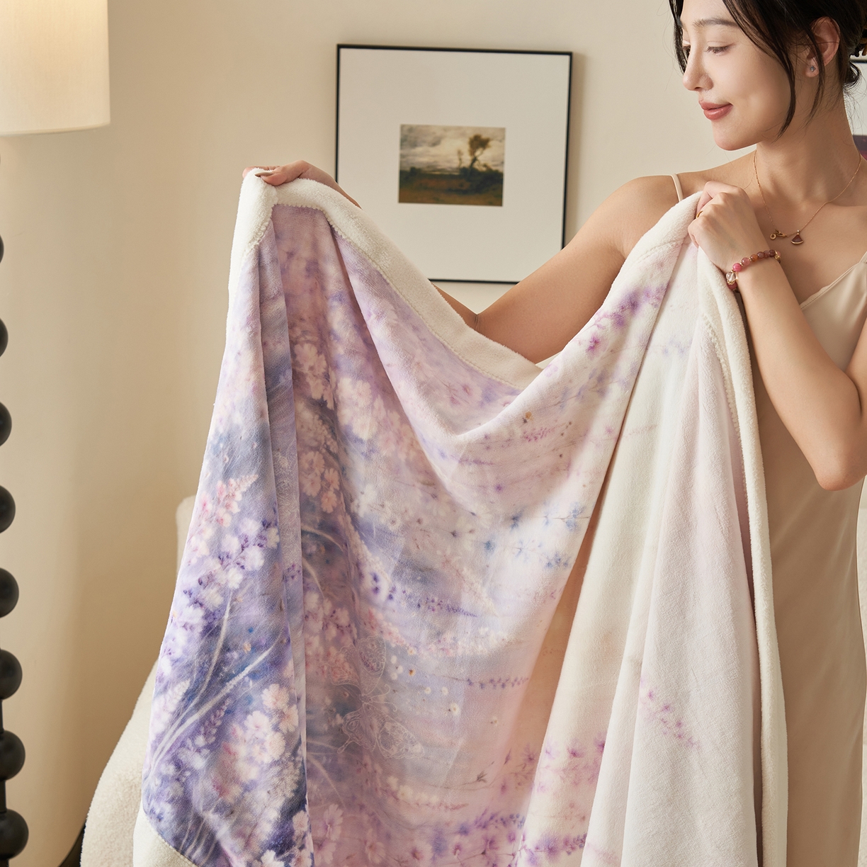 91家纺网 家纺一手货源 找家纺 寐绸家纺 2025新款牛奶绒数码印花毛毯 数码毛毯-薰衣草之恋