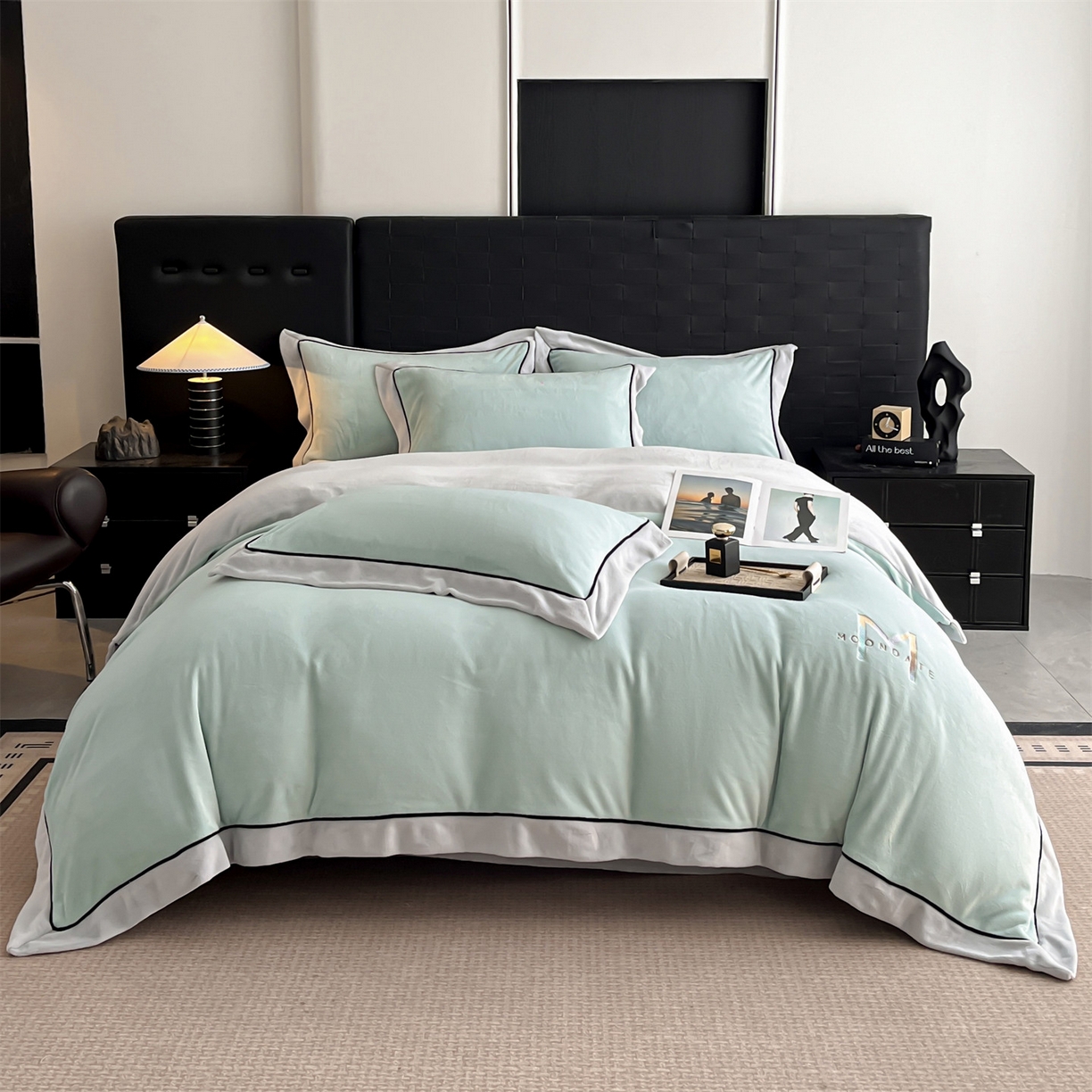 91家纺网 家纺一手货源 找家纺 遇见家居生活馆 2025新款A类牛奶绒玛利亚绒宽边四件套（控价：标准188，加大198，床笠款193） 清澈蓝+星辰灰