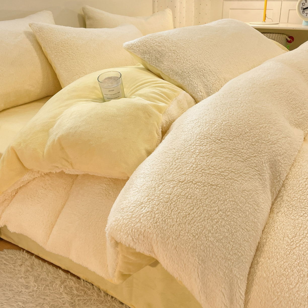 91家纺网 家纺一手货源 找家纺 逸尚阁 2025新款羊羔绒牛奶绒双拼四件套 奶油黄