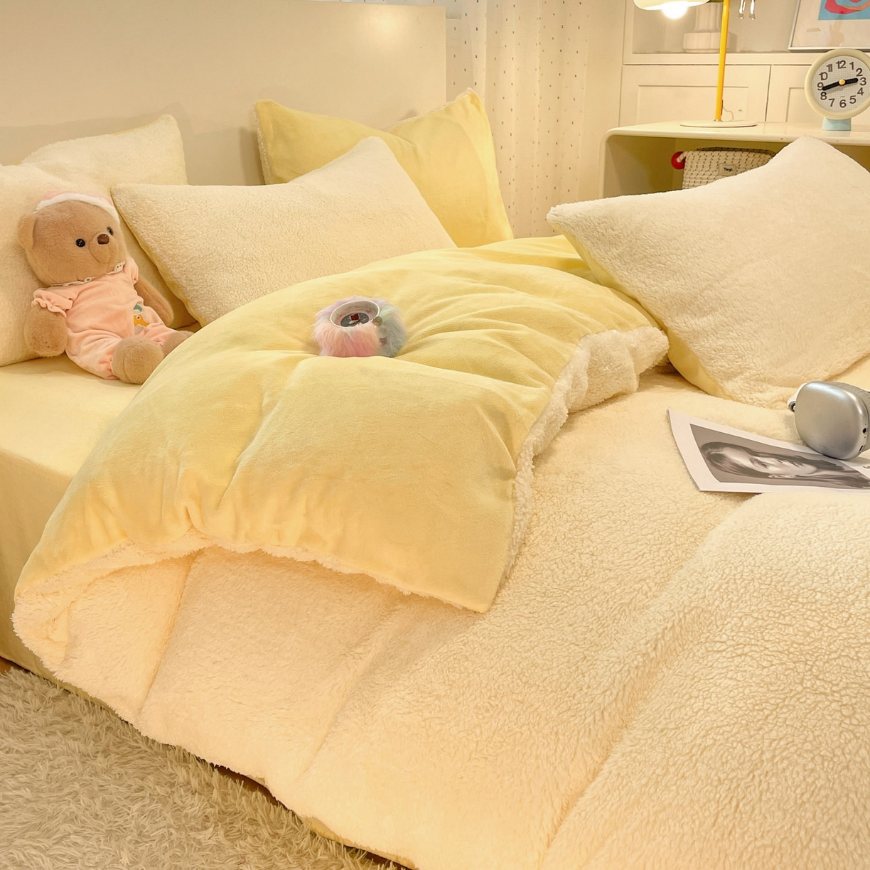 91家纺网 家纺一手货源 找家纺 逸尚阁 2025新款羊羔绒牛奶绒双拼四件套 奶油黄