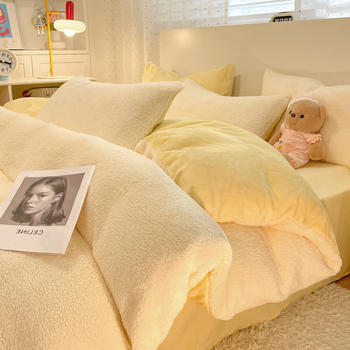 91家纺网 家纺一手货源 找家纺 逸尚阁 2025新款羊羔绒牛奶绒双拼四件套 奶油黄