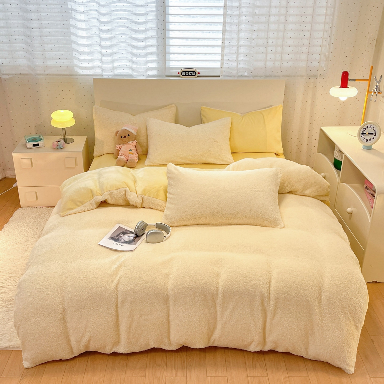 91家纺网 家纺一手货源 找家纺 逸尚阁 2025新款羊羔绒牛奶绒双拼四件套 奶油黄