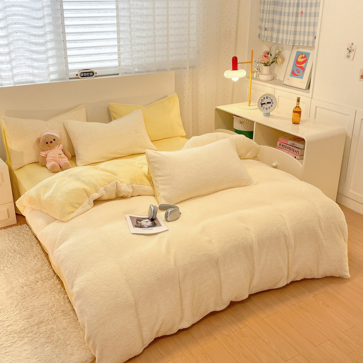 91家纺网 家纺一手货源 找家纺 逸尚阁 2025新款羊羔绒牛奶绒双拼四件套 奶油黄