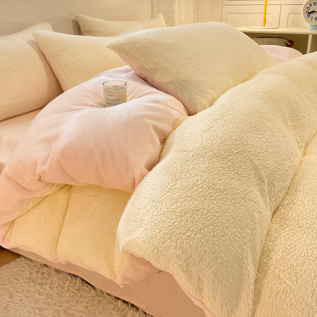 逸尚阁 2025新款羊羔绒牛奶绒双拼四件套 淡黄+粉