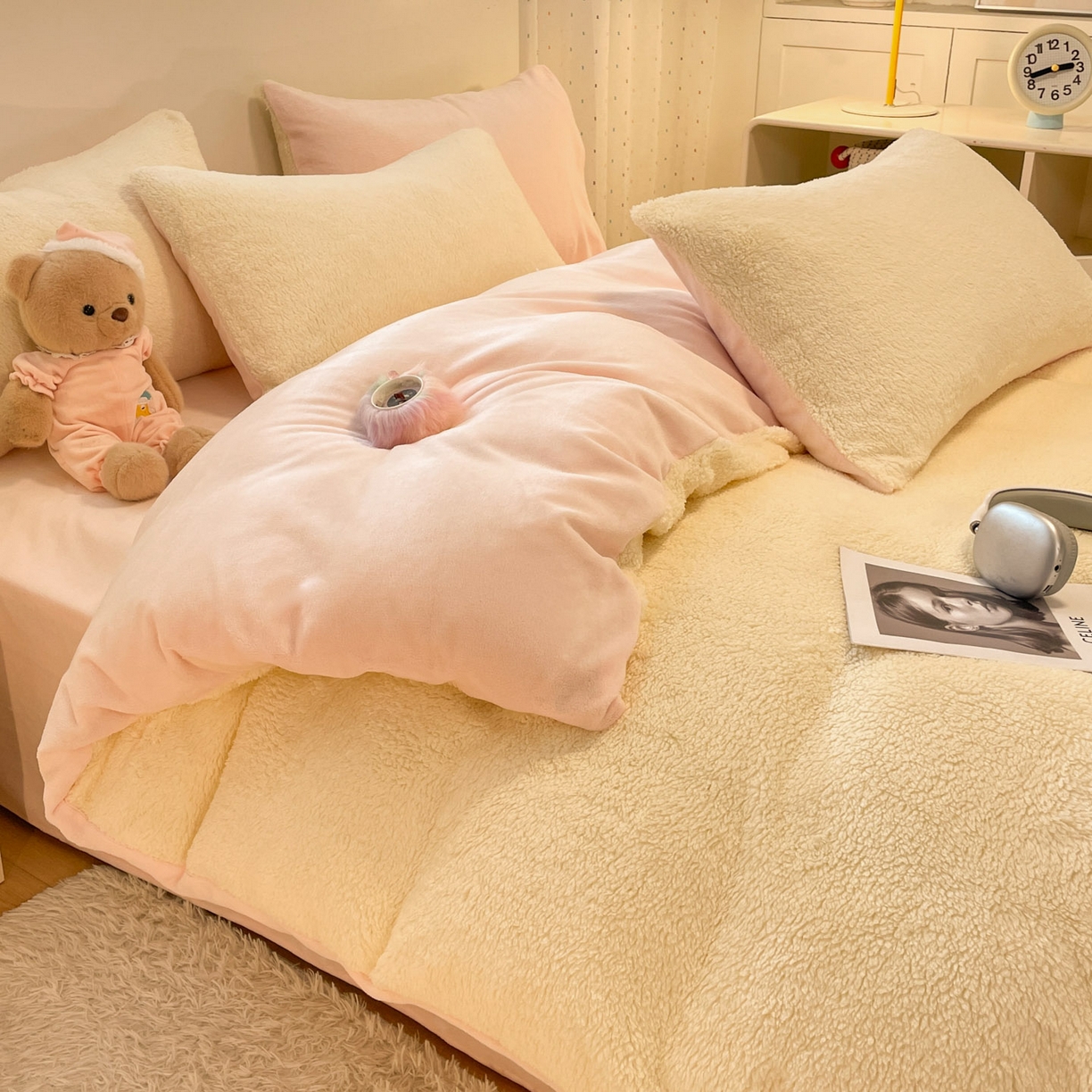 91家纺网 家纺一手货源 找家纺 逸尚阁 2025新款羊羔绒牛奶绒双拼四件套 淡黄+粉