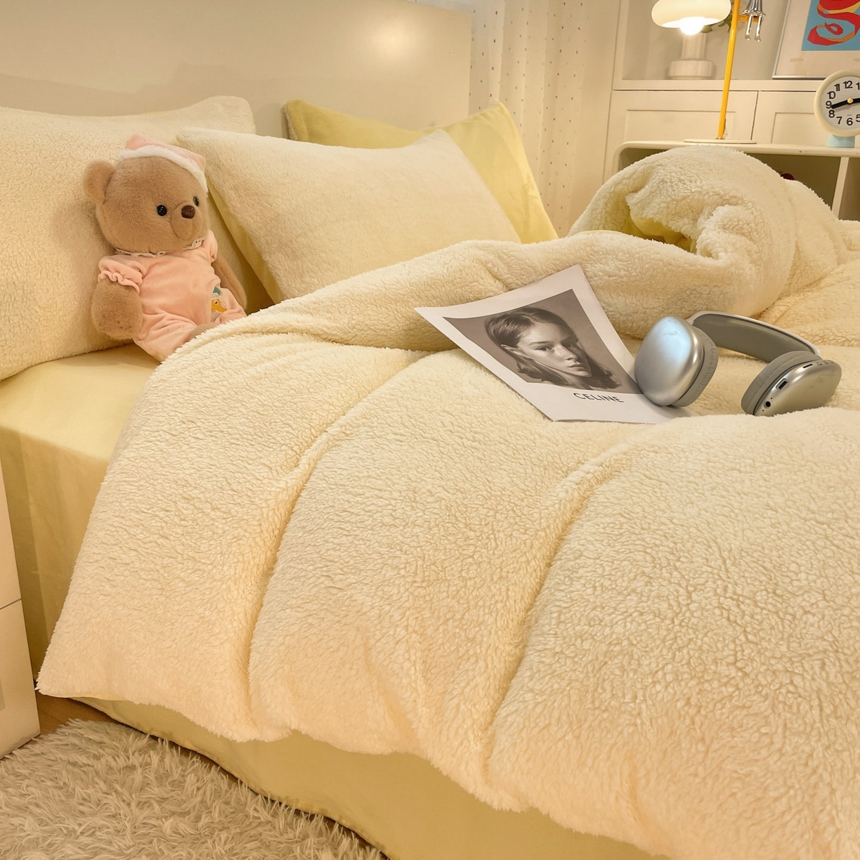 91家纺网 家纺一手货源 找家纺 逸尚阁 2025新款羊羔绒牛奶绒双拼四件套 奶油黄