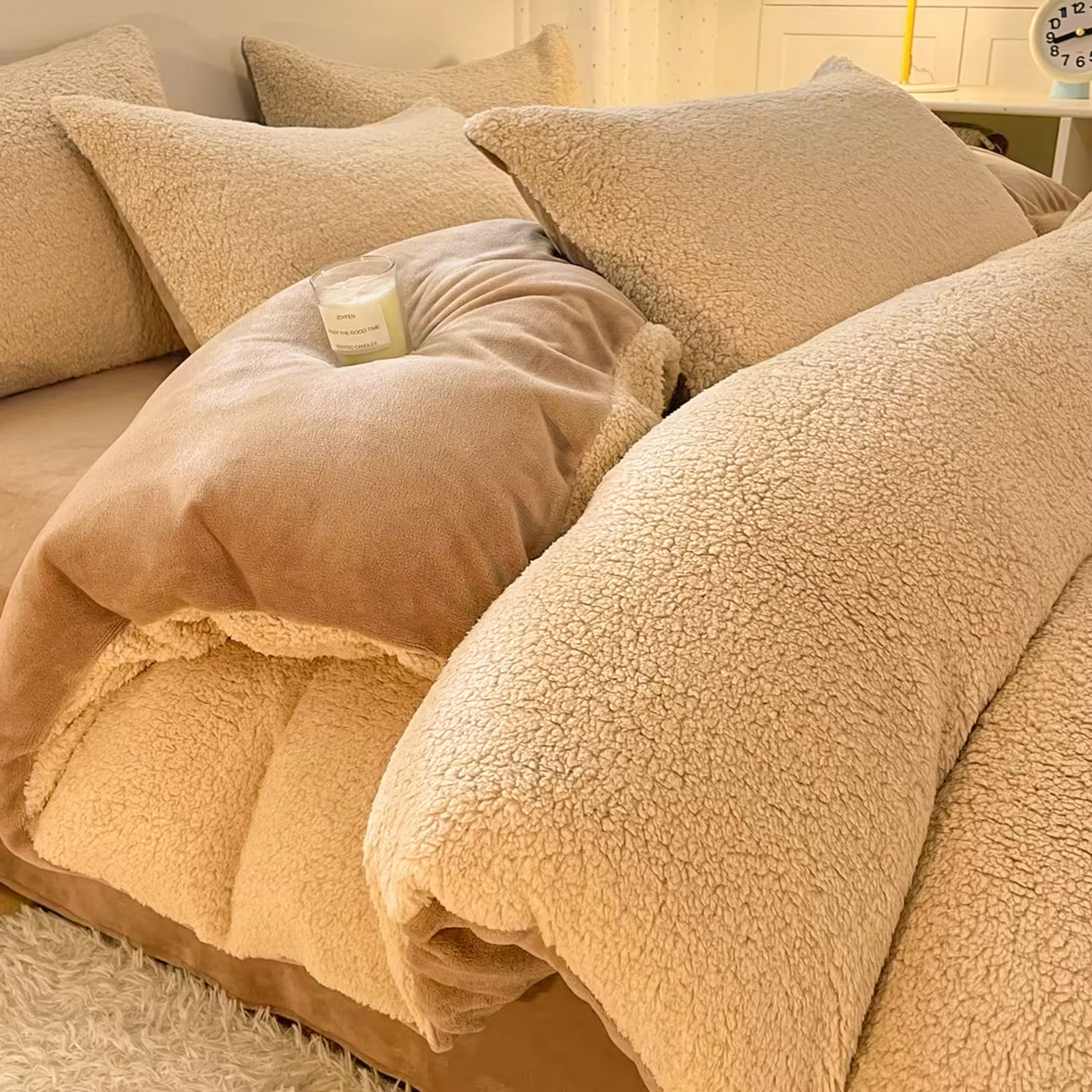 91家纺网 家纺一手货源 找家纺 逸尚阁 2025新款羊羔绒牛奶绒双拼四件套 贵族咖