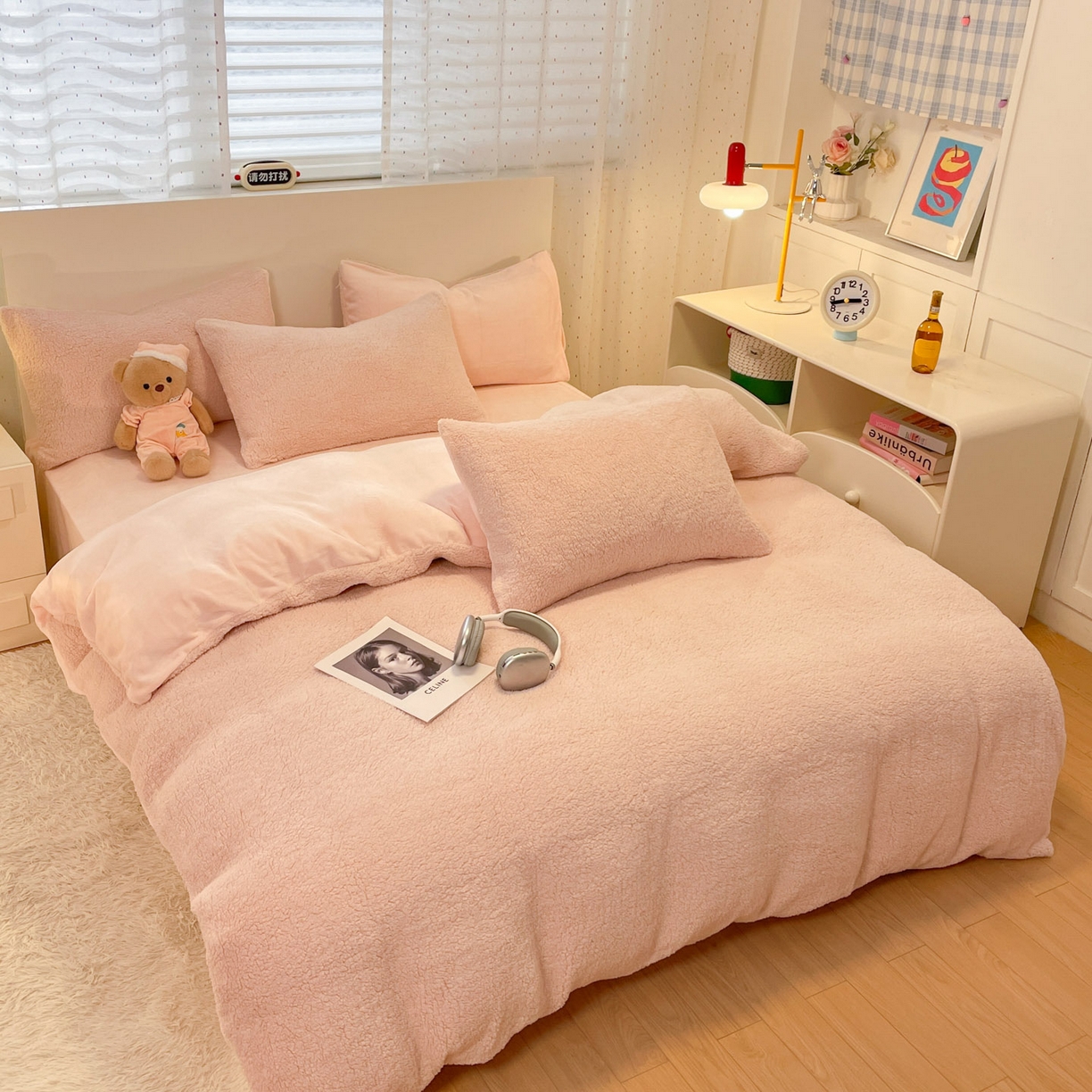 91家纺网 家纺一手货源 找家纺 逸尚阁 2025新款羊羔绒牛奶绒双拼四件套 桃子粉