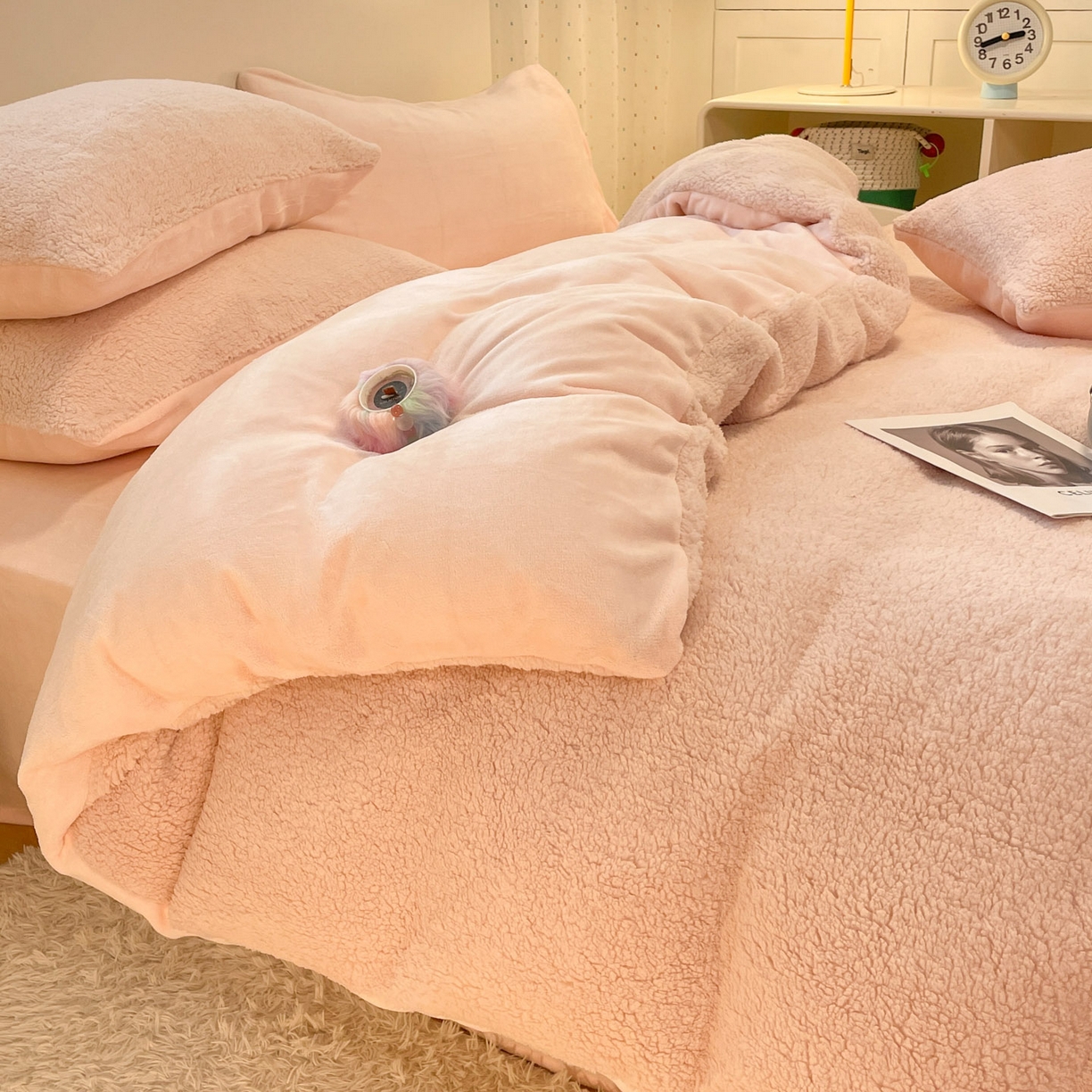 91家纺网 家纺一手货源 找家纺 逸尚阁 2025新款羊羔绒牛奶绒双拼四件套 桃子粉