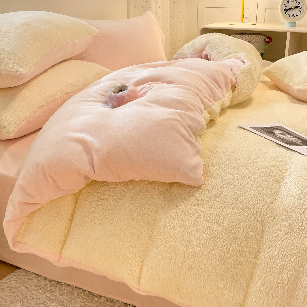 91家纺网 家纺一手货源 找家纺 逸尚阁 2025新款羊羔绒牛奶绒双拼四件套 淡黄+粉