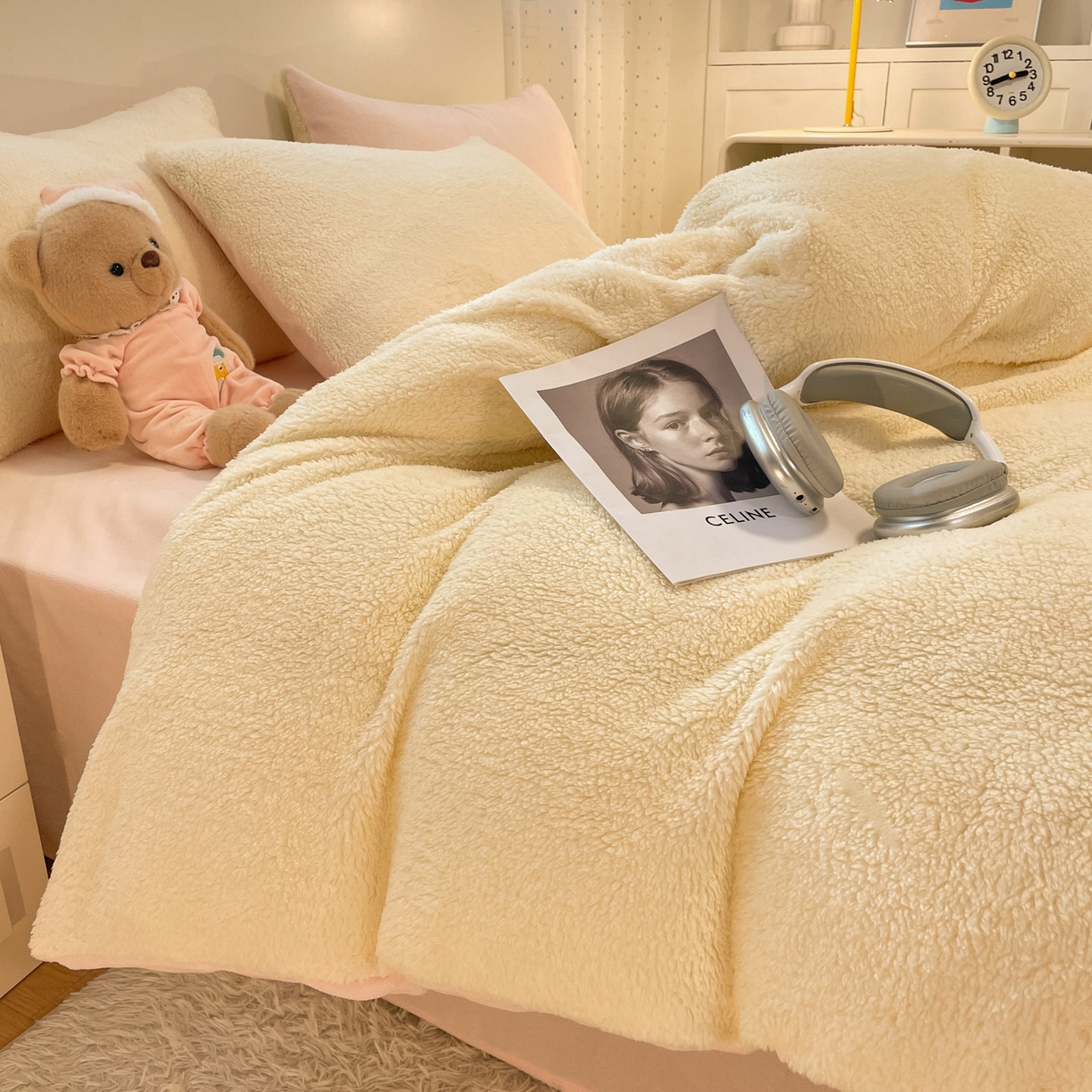 91家纺网 家纺一手货源 找家纺 逸尚阁 2025新款羊羔绒牛奶绒双拼四件套 淡黄+粉