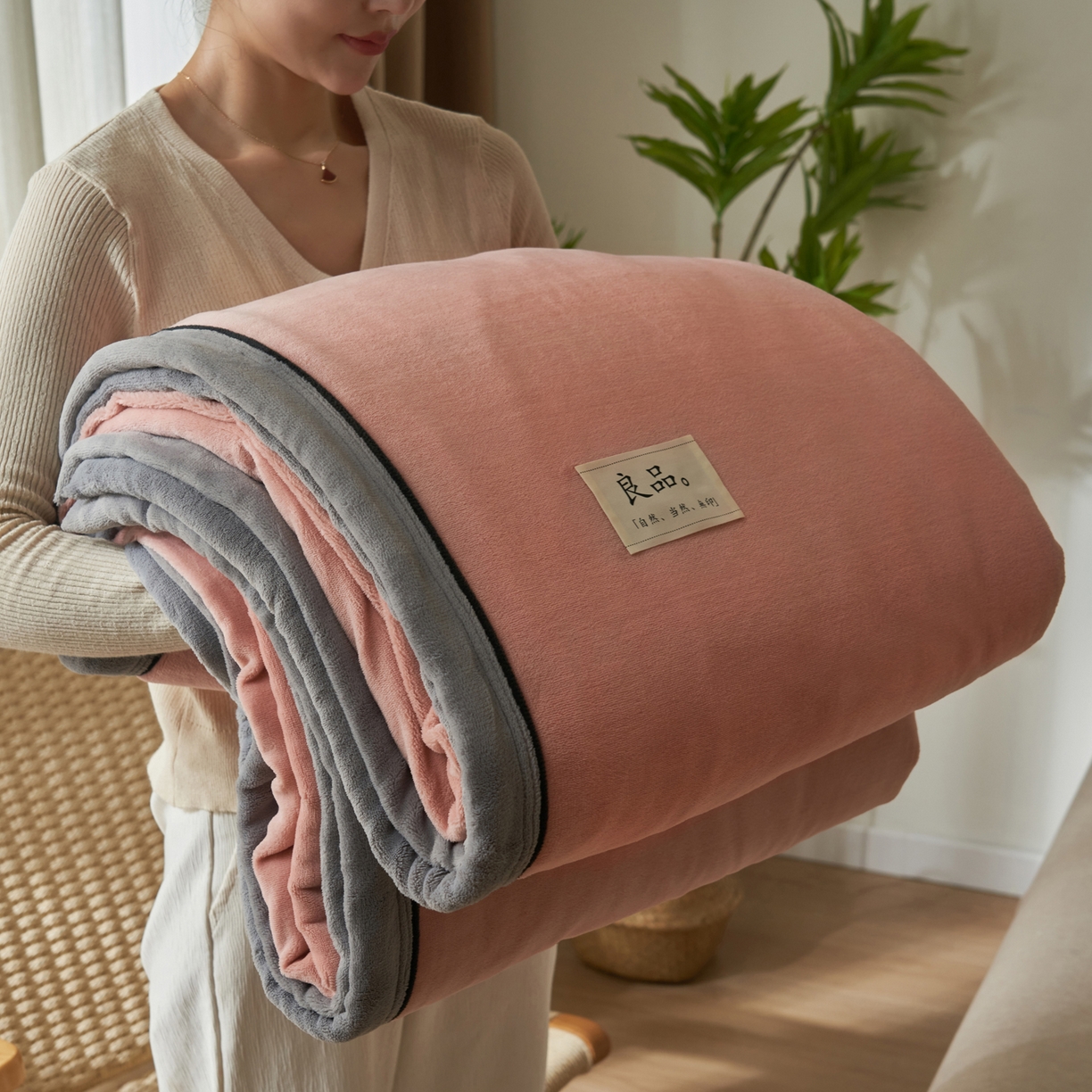 91家纺网 家纺一手货源 找家纺 寐绸家纺 2025新款双面牛奶绒北欧风功能毛毯 豆沙+浅灰