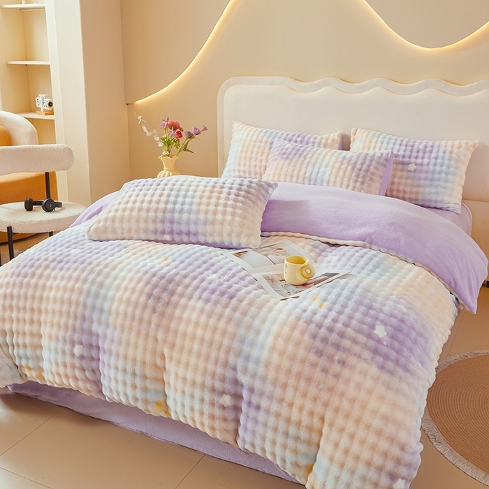 91家纺网 家纺一手货源 找家纺 （总）巧格家纺 2025新款A类加厚泡泡牛奶绒印花工艺立体泡泡四件套（买家秀联系商家）