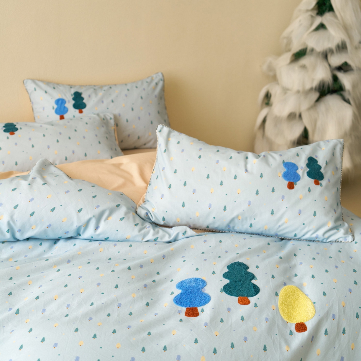 91家纺网 家纺一手货源 找家纺 久典家居 2025新款全棉加厚磨毛数码印花毛巾绣四件套（买家秀找客服） 森林蓝