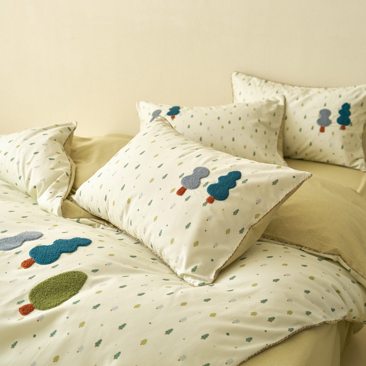 91家纺网 家纺一手货源 找家纺 久典家居 2025新款全棉加厚磨毛数码印花毛巾绣四件套（买家秀找客服） 森林绿