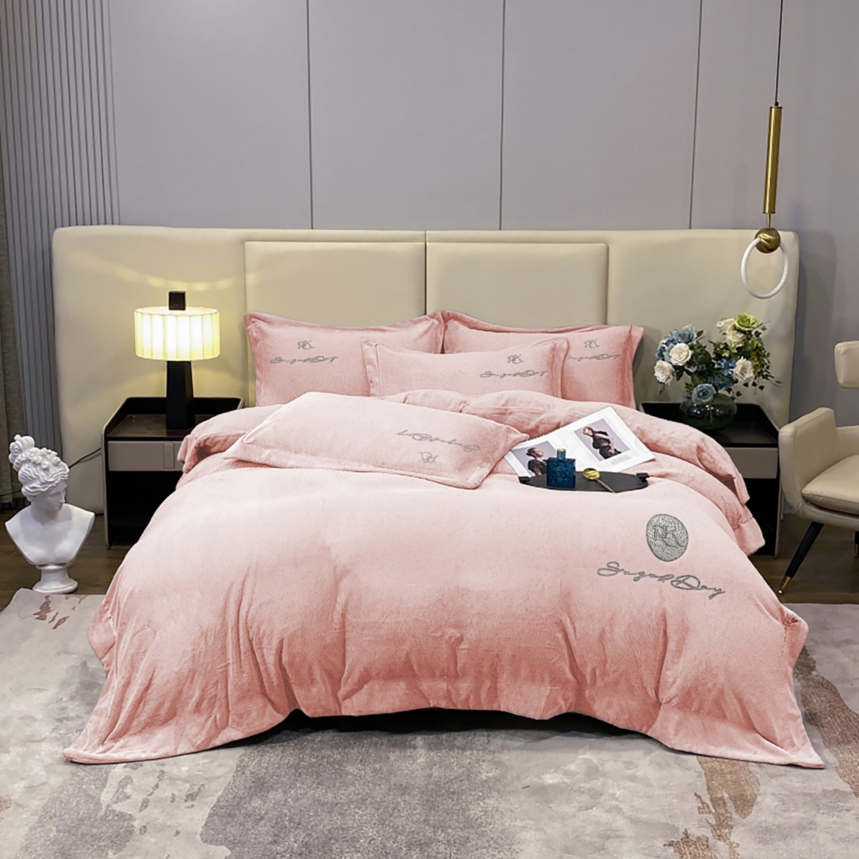 玖玖爱家纺 2025新款高克重婴儿绒刺绣四件套-绮梦 绮梦-粉桔