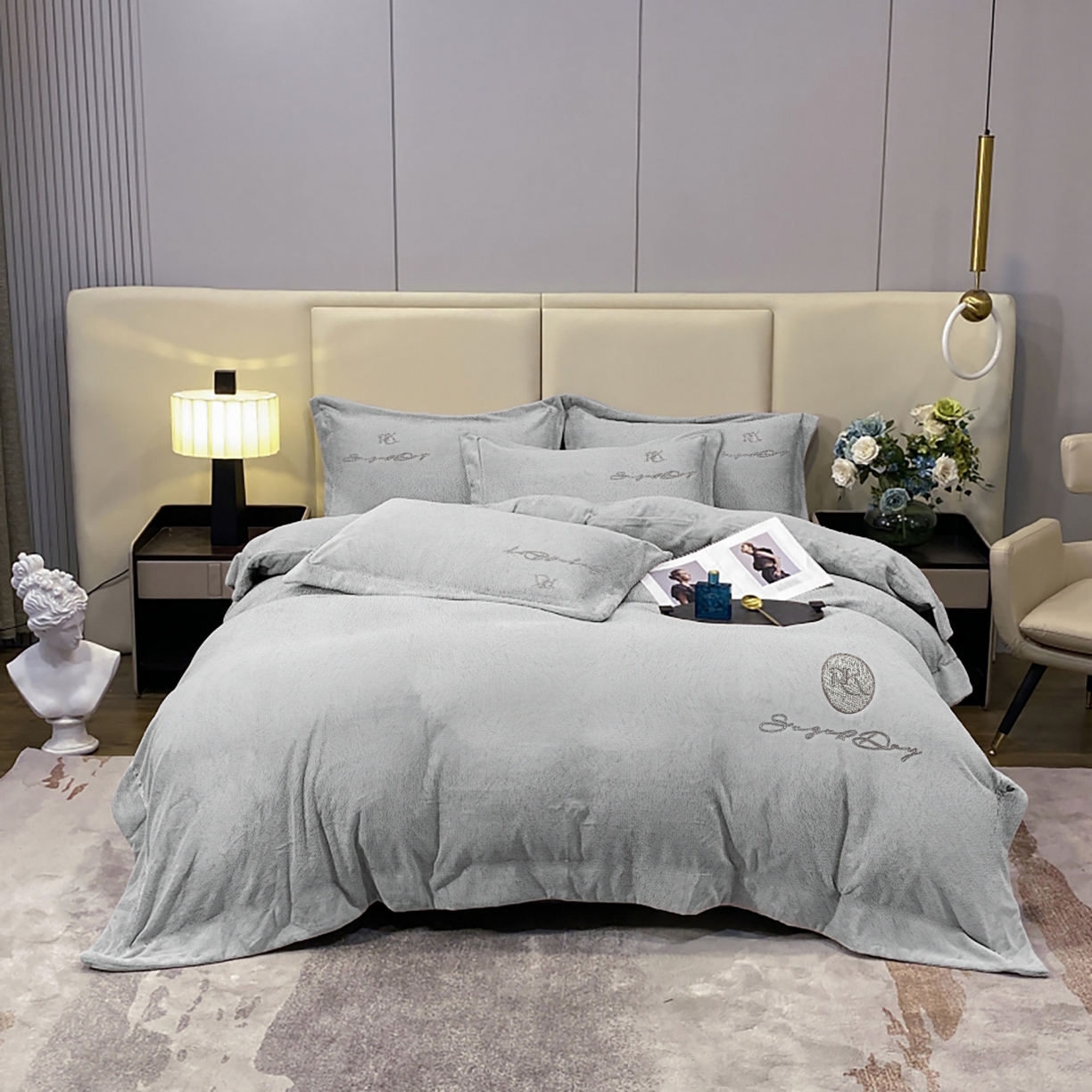 玖玖爱家纺 2025新款高克重婴儿绒刺绣四件套-绮梦 绮梦-灰