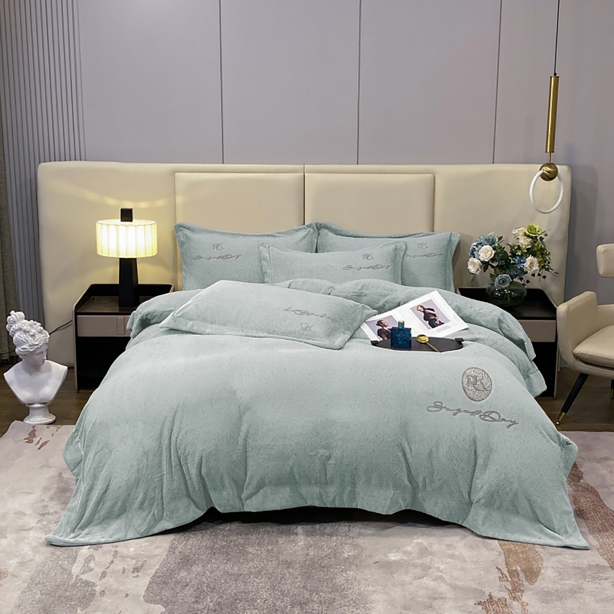 玖玖爱家纺 2025新款高克重婴儿绒刺绣四件套-绮梦 绮梦-灰绿