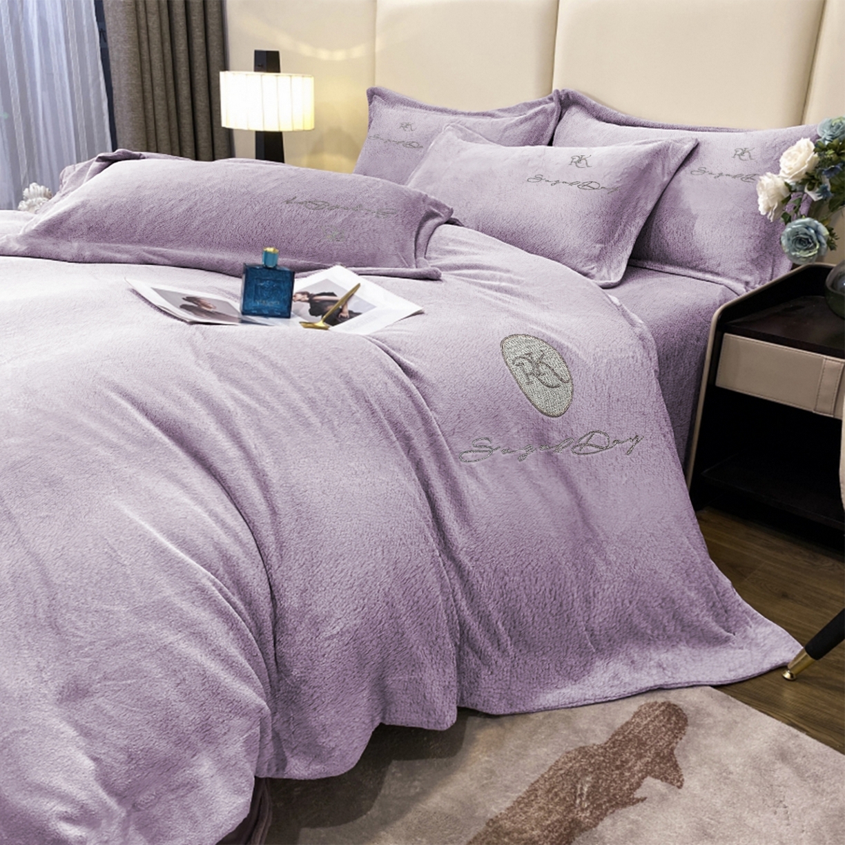 91家纺网 家纺一手货源 找家纺 玖玖爱家纺 2025新款高克重婴儿绒刺绣四件套-绮梦 绮梦-紫