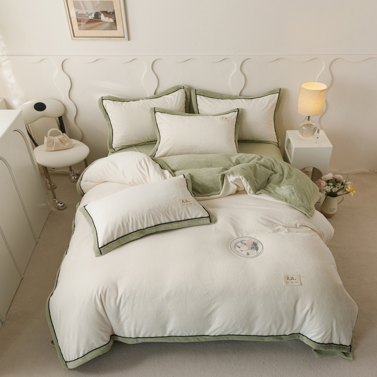 91家纺网 家纺一手货源 找家纺 寐绸家纺 2025新款牛奶绒双拼单被套 双拼被套-米白+浅水绿