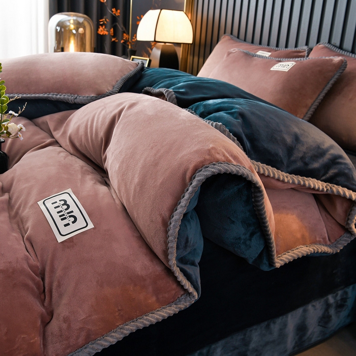 妮恒美家纺 2025新款斜纹边贴标牛奶绒四件套 斜纹边-拿铁＋藏蓝