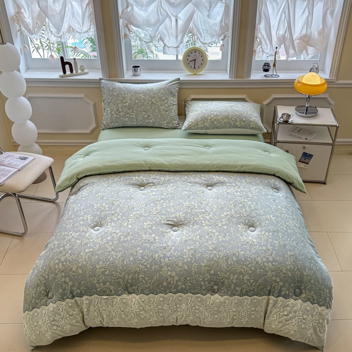 91家纺网 家纺一手货源 找家纺 尊妙被业 2025新款原麻色织全棉花边冬被被子被芯