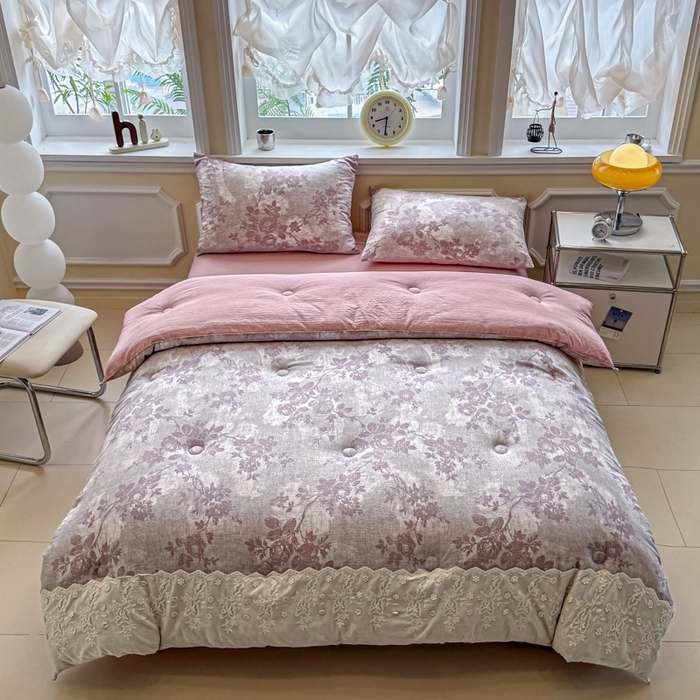 91家纺网 家纺一手货源 找家纺 尊妙被业 2025新款原麻色织全棉花边冬被被子被芯