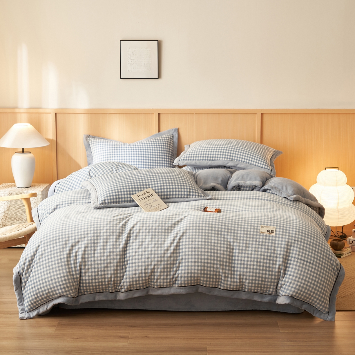 91家纺网 家纺一手货源 找家纺 寐绸家纺 2025新款牛奶绒无印风单被套 无印风被套-天蓝小格