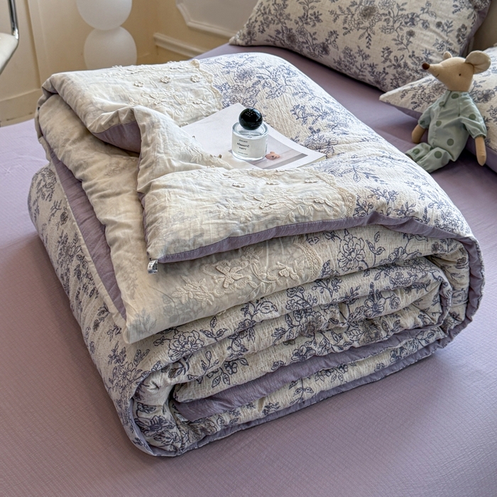 91家纺网 家纺一手货源 找家纺 尊妙被业 2025新款原麻色织全棉花边冬被被子被芯 青花瓷