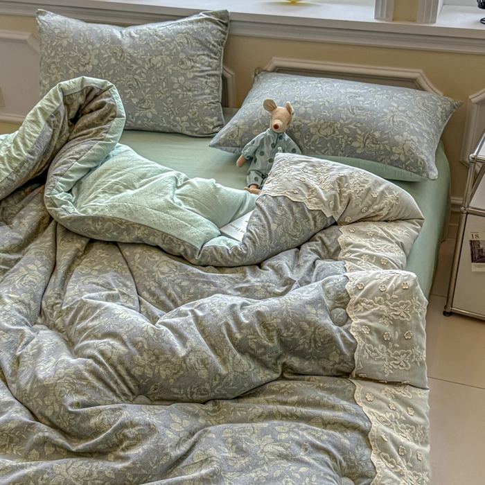 91家纺网 家纺一手货源 找家纺 尊妙被业 2025新款原麻色织全棉花边冬被被子被芯 晚茵绿